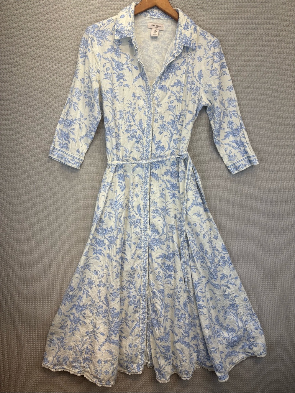 Laura Ashley Linen Blend Shirt Dress M Midi Blue Toile Floral Pockets Lace Trim